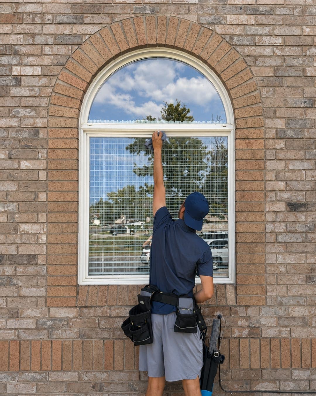 Glide technician drying a large window immediately after cleaning, the step that keeps hard water minerals from drying back onto the glass